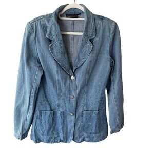 Lafeipiza Vintage Embroidered Jewelled Denim Jacket Size M 100% Cotton Jean